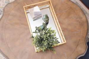 Close up of a mirror-bottoms gold tray holding nature-themed items.